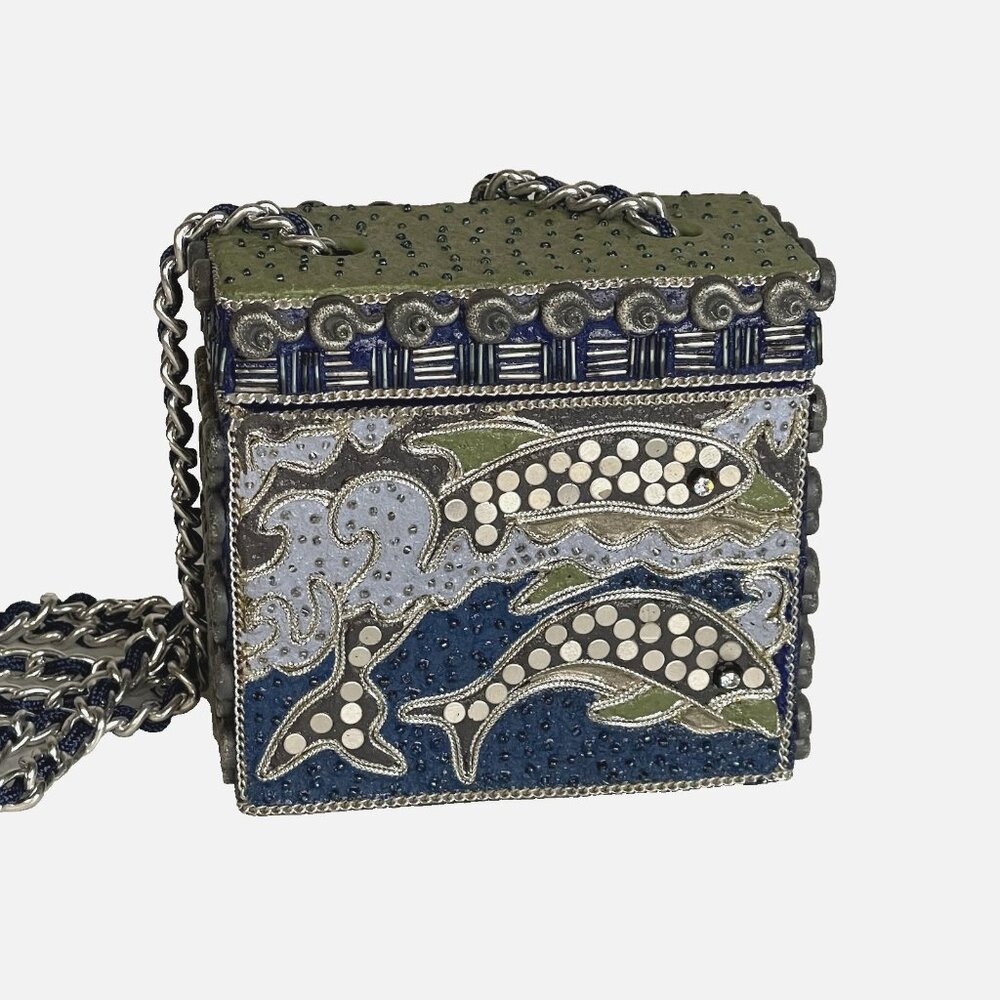 Mary Frances 90’s Dolphin Crossbody Beaded Resin Handmade Box Purse Shoulder Bag